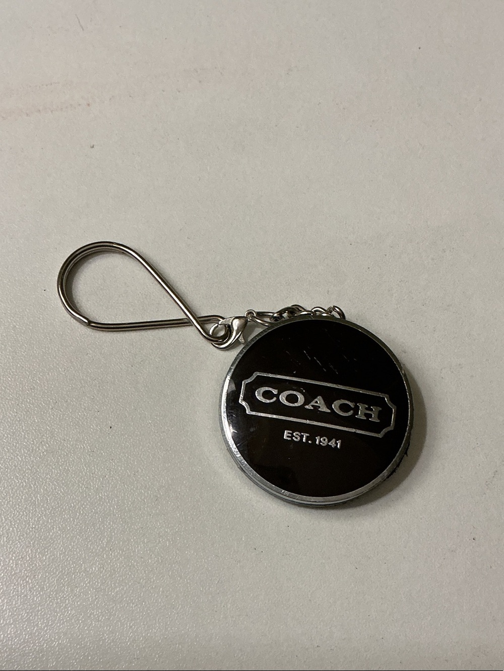Handmade Coach Upcycled Brown Round Logo Keyring with Silver Hardware